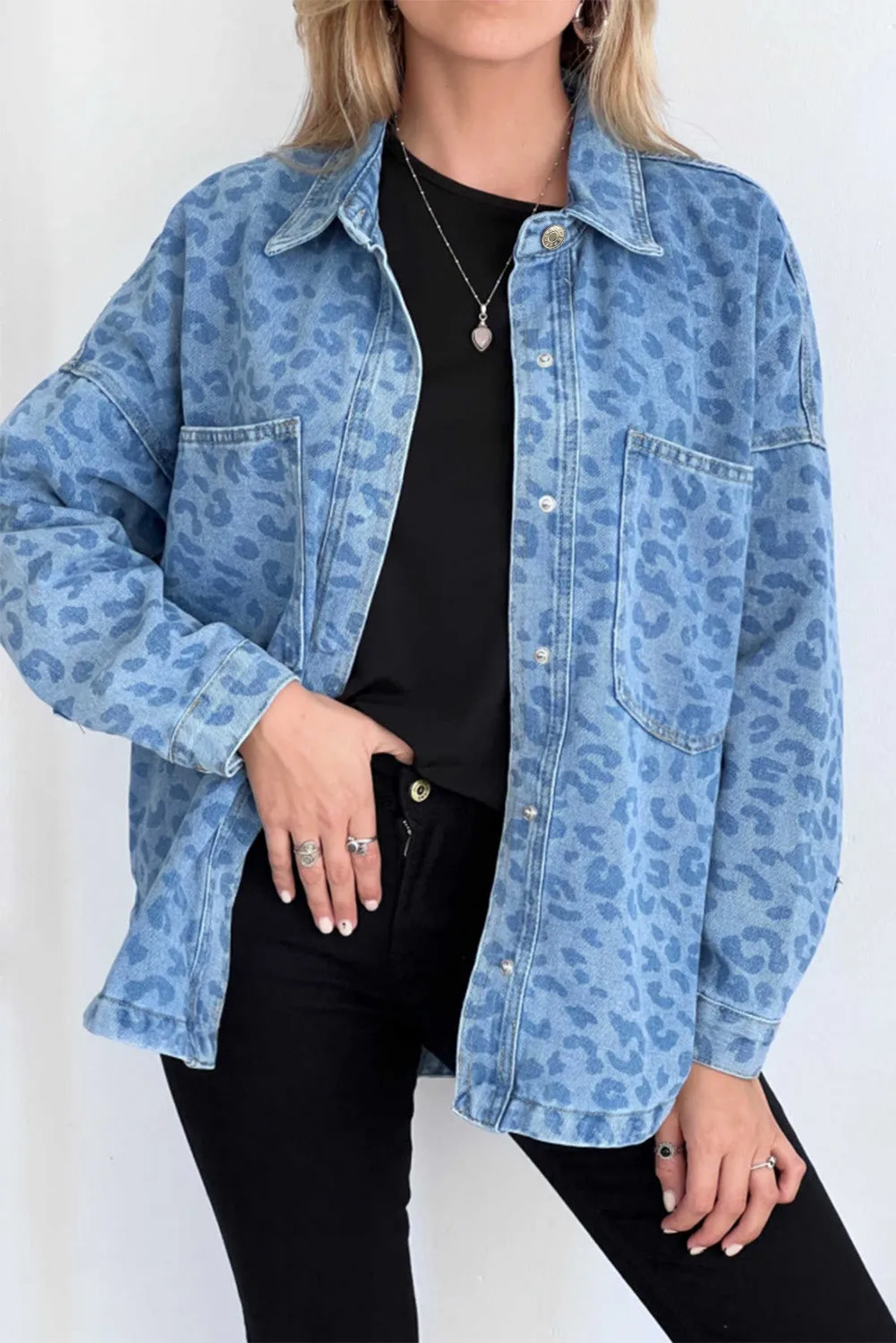 Oversized Leopard Denim Jacket with Pockets