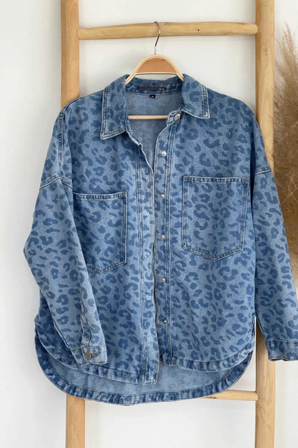 Oversized Leopard Denim Jacket with Pockets