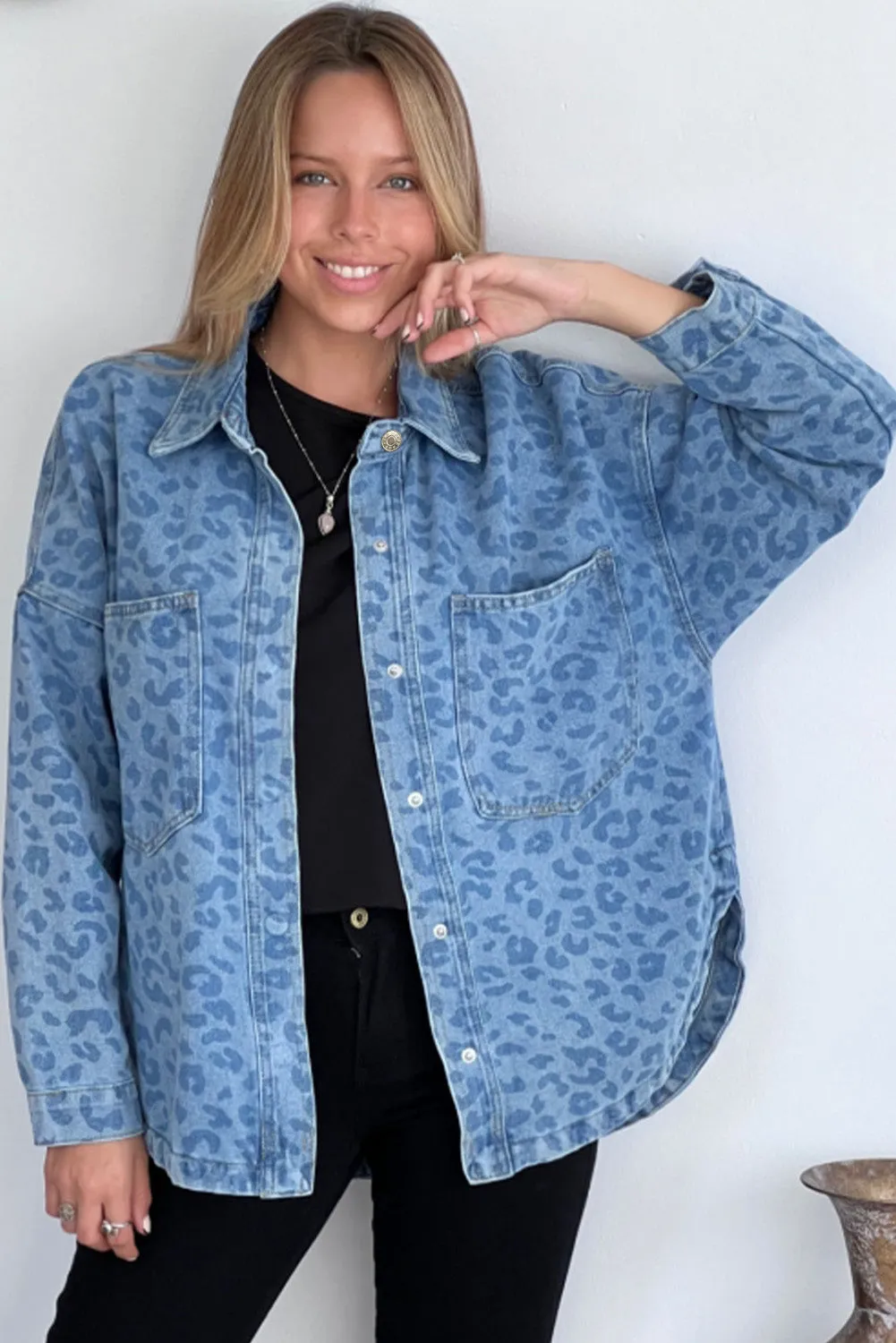 Oversized Leopard Denim Jacket with Pockets