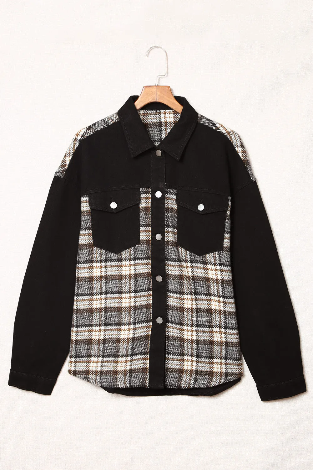 Plaid Patchwork Raw Hem Denim Jacket