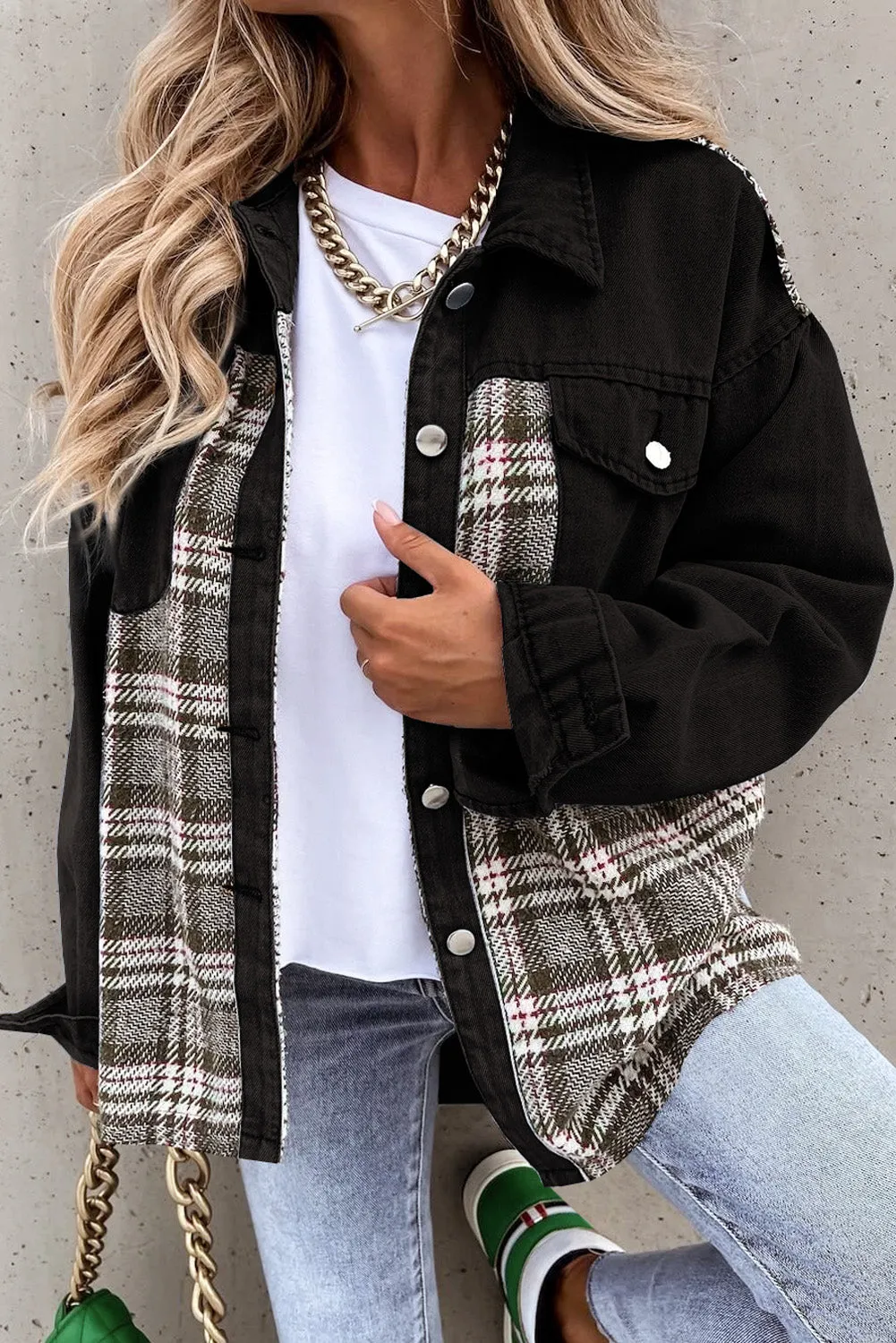 Plaid Patchwork Raw Hem Denim Jacket