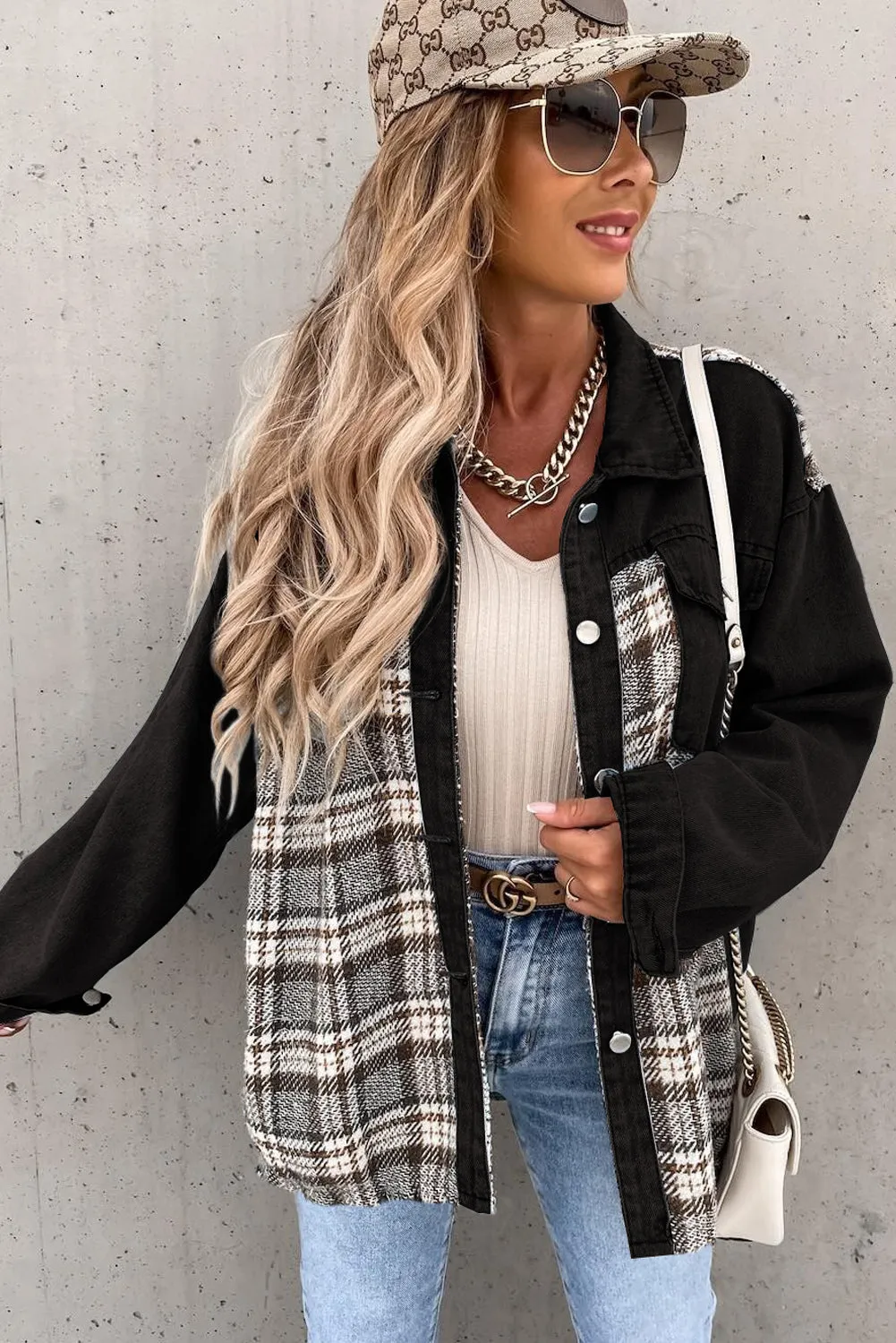 Plaid Patchwork Raw Hem Denim Jacket