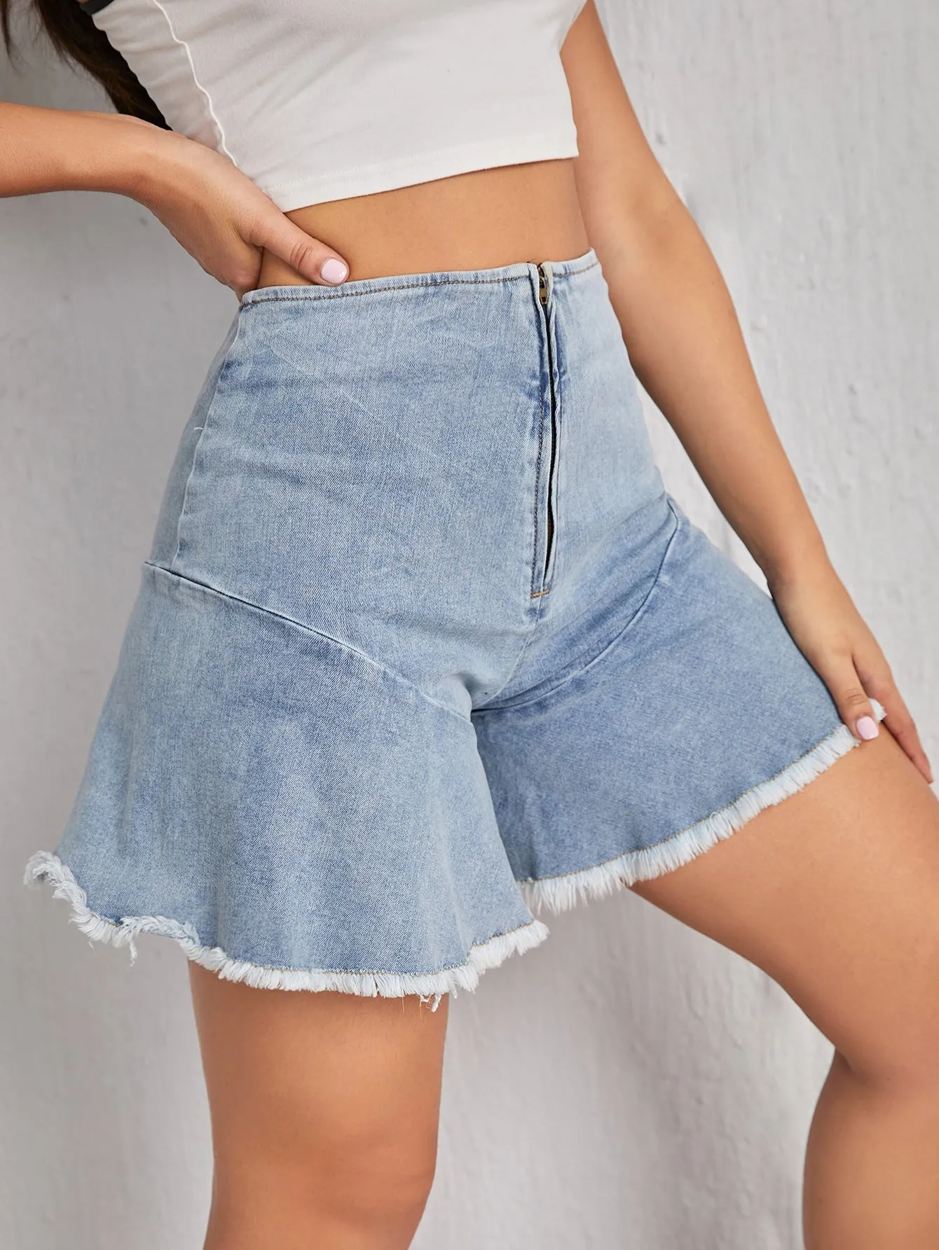 Plain Zipper Natural Women Denim Shorts