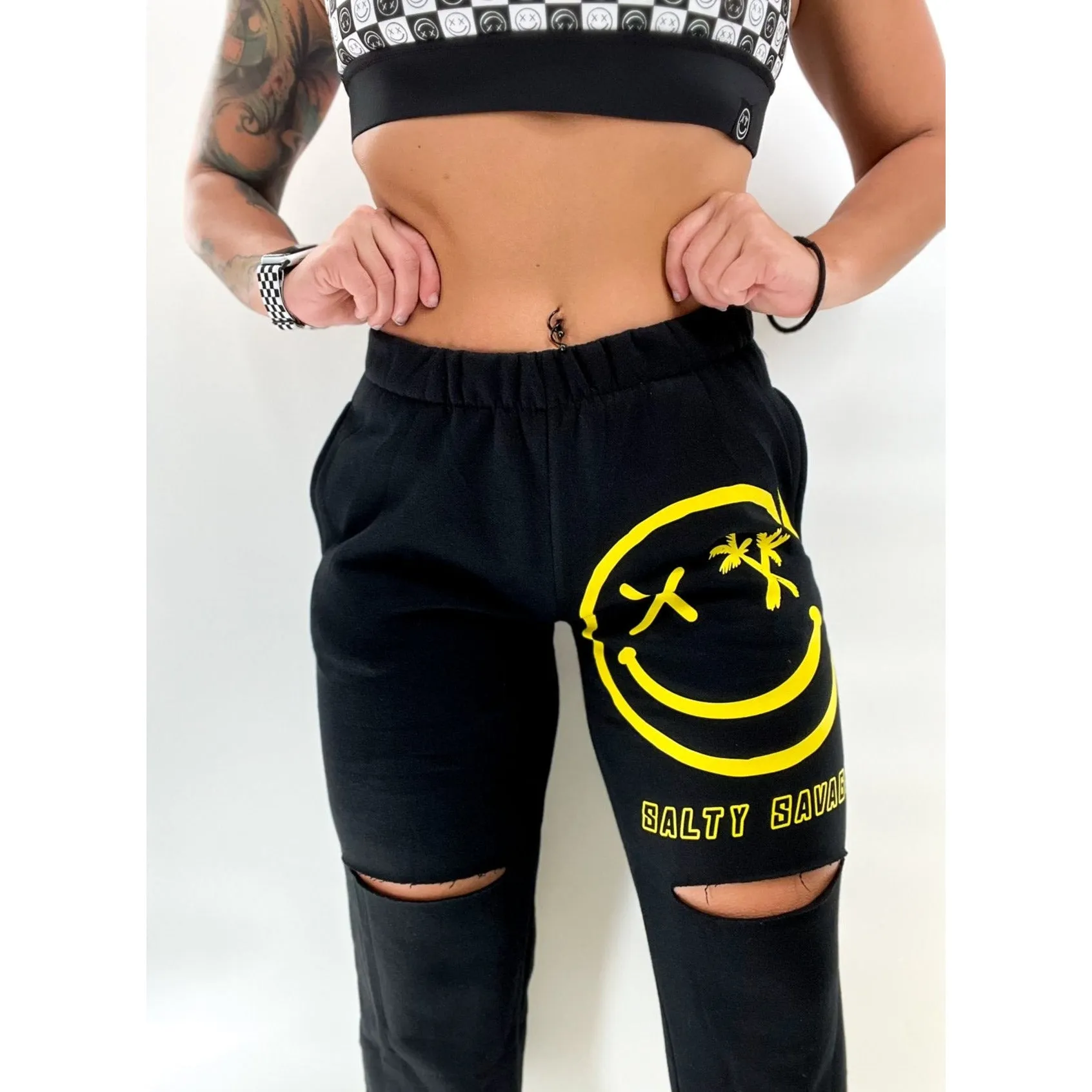 Salty Savage Unisex "Digital Spliced Smile" Ripped Knee Sweatpants/Joggers