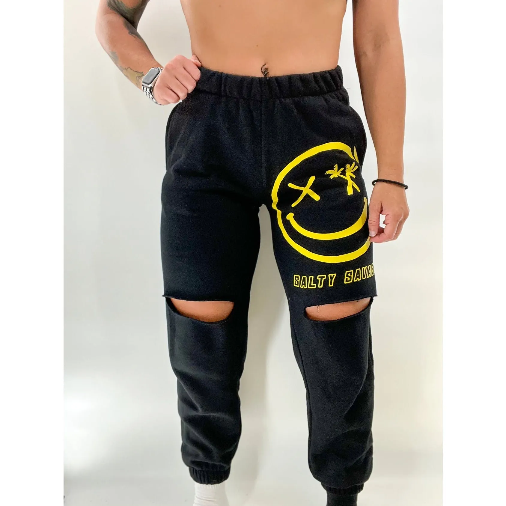 Salty Savage Unisex "Digital Spliced Smile" Ripped Knee Sweatpants/Joggers