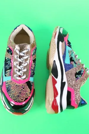 Sequins With Glitter Lace-Up Low Top Patent Flatform Sneaker