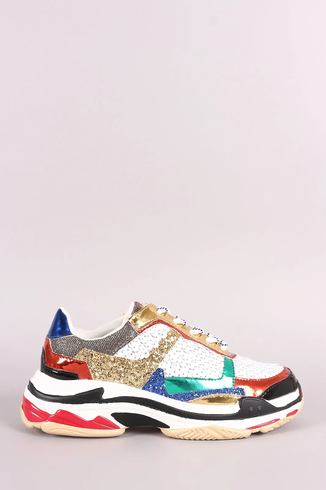 Sequins With Glitter Lace-Up Low Top Patent Flatform Sneaker