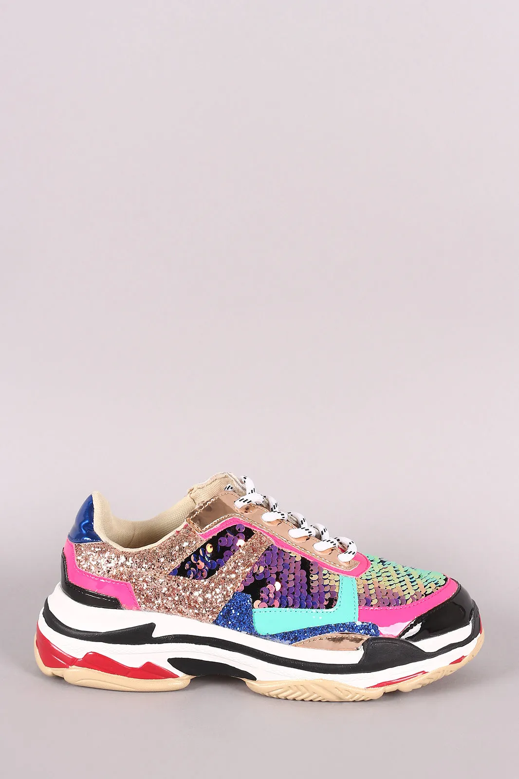 Sequins With Glitter Lace-Up Low Top Patent Flatform Sneaker