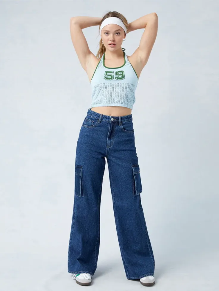 SGW - Mid Blue High-Waisted Cargo Wide-Leg Jeans