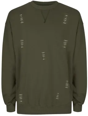 Slash Destroyed Ripped Front Sweatshirt in Dark Khaki