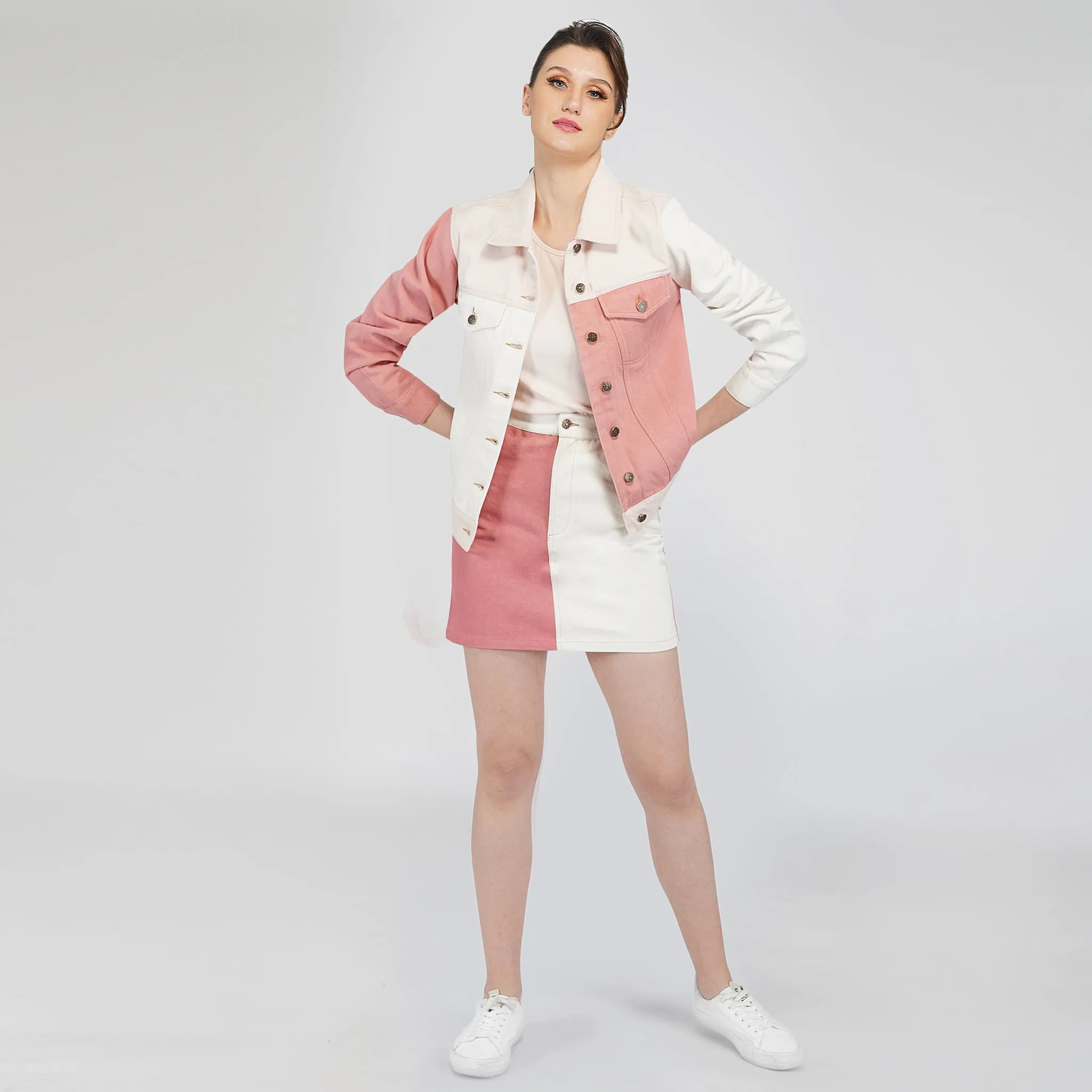 SLAY. Women's Pink & White Colorblock Denim Jacket & Skirt Co-ord Set