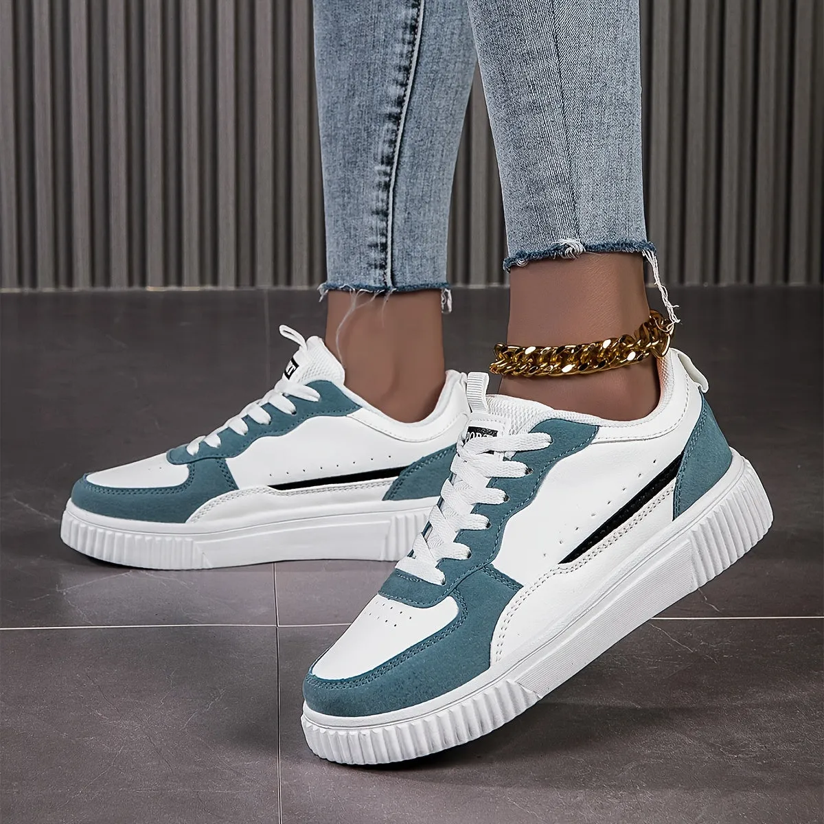 Sleek Faux Leather Colorblock Skate Sneakers for Women | Perfect for Casual Days