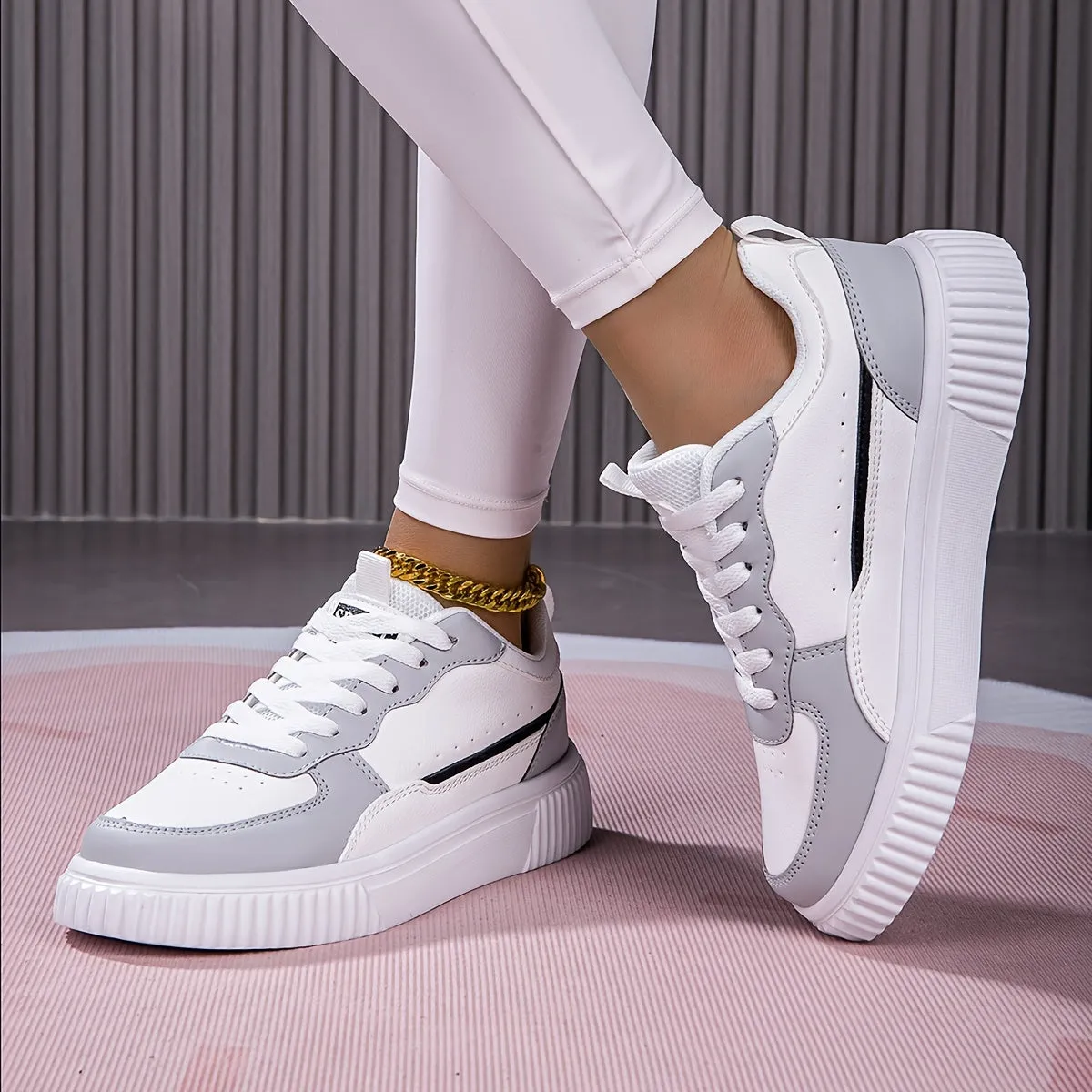 Sleek Faux Leather Colorblock Skate Sneakers for Women | Perfect for Casual Days