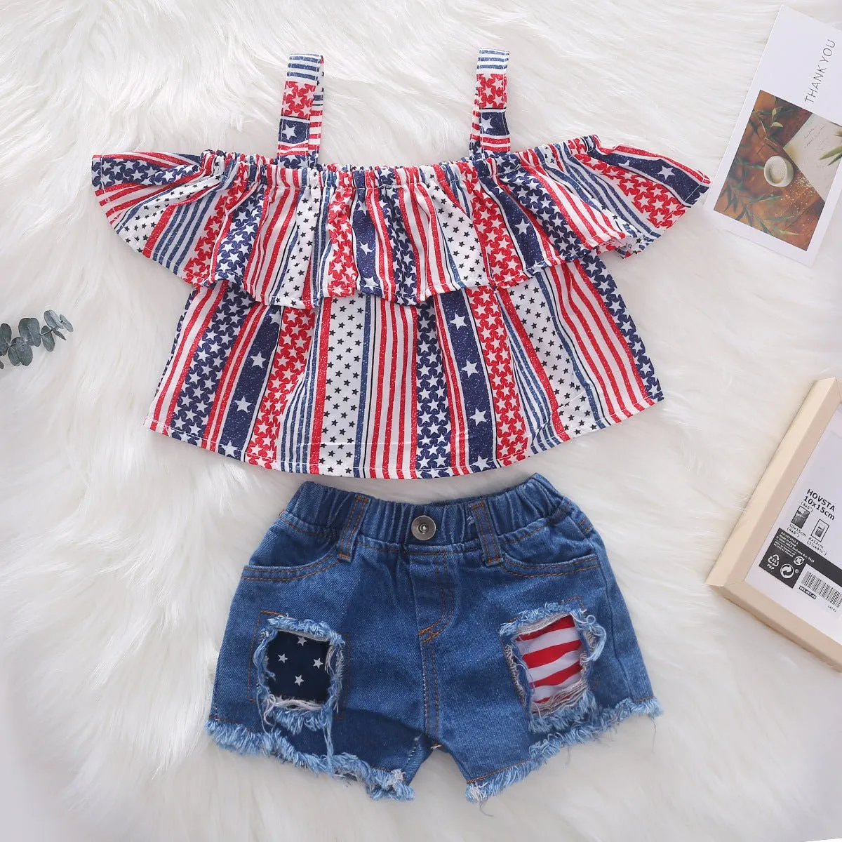 Stars and Stripes Patched Denim Shorts Set