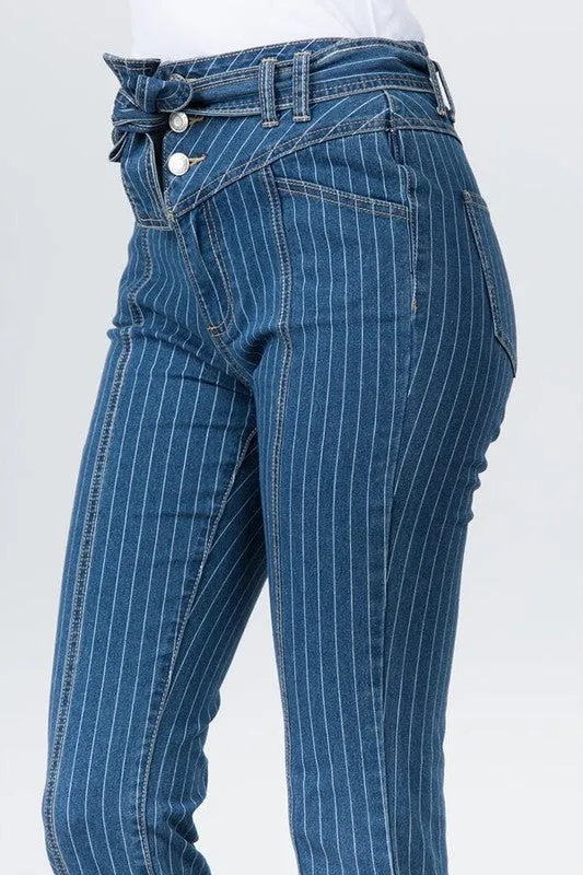 STRIPED SKINNY ANKLE LENGTH DENIM W/ BELT