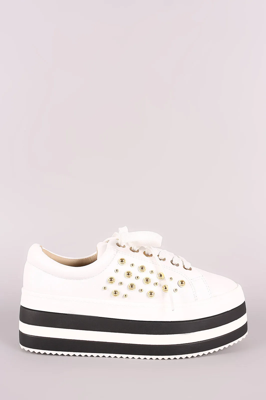 Studded Lace-Up Striped Flatform Sneaker