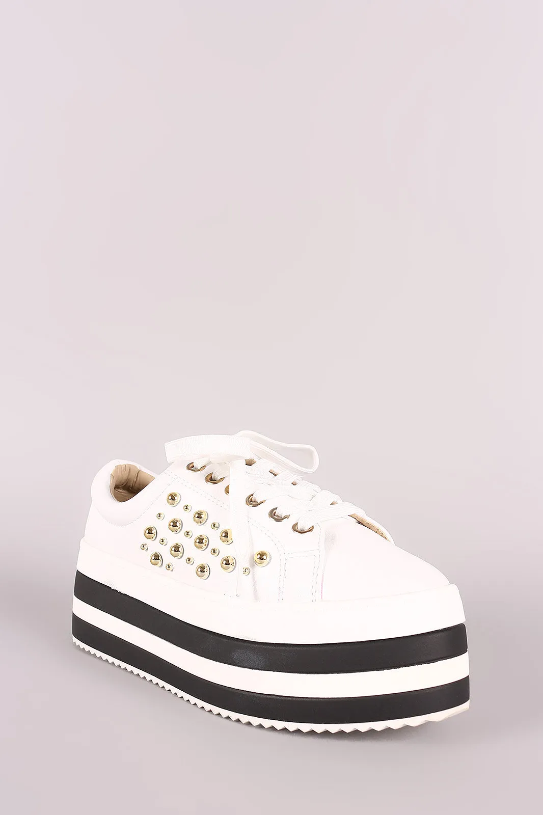 Studded Lace-Up Striped Flatform Sneaker