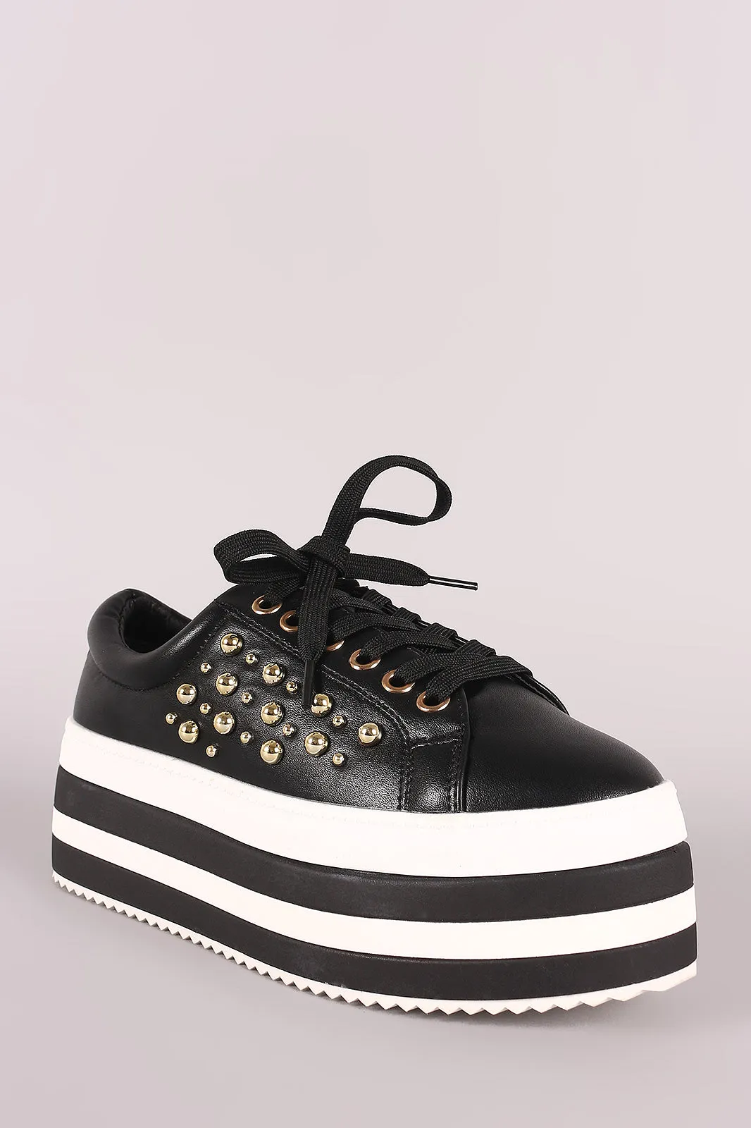 Studded Lace-Up Striped Flatform Sneaker