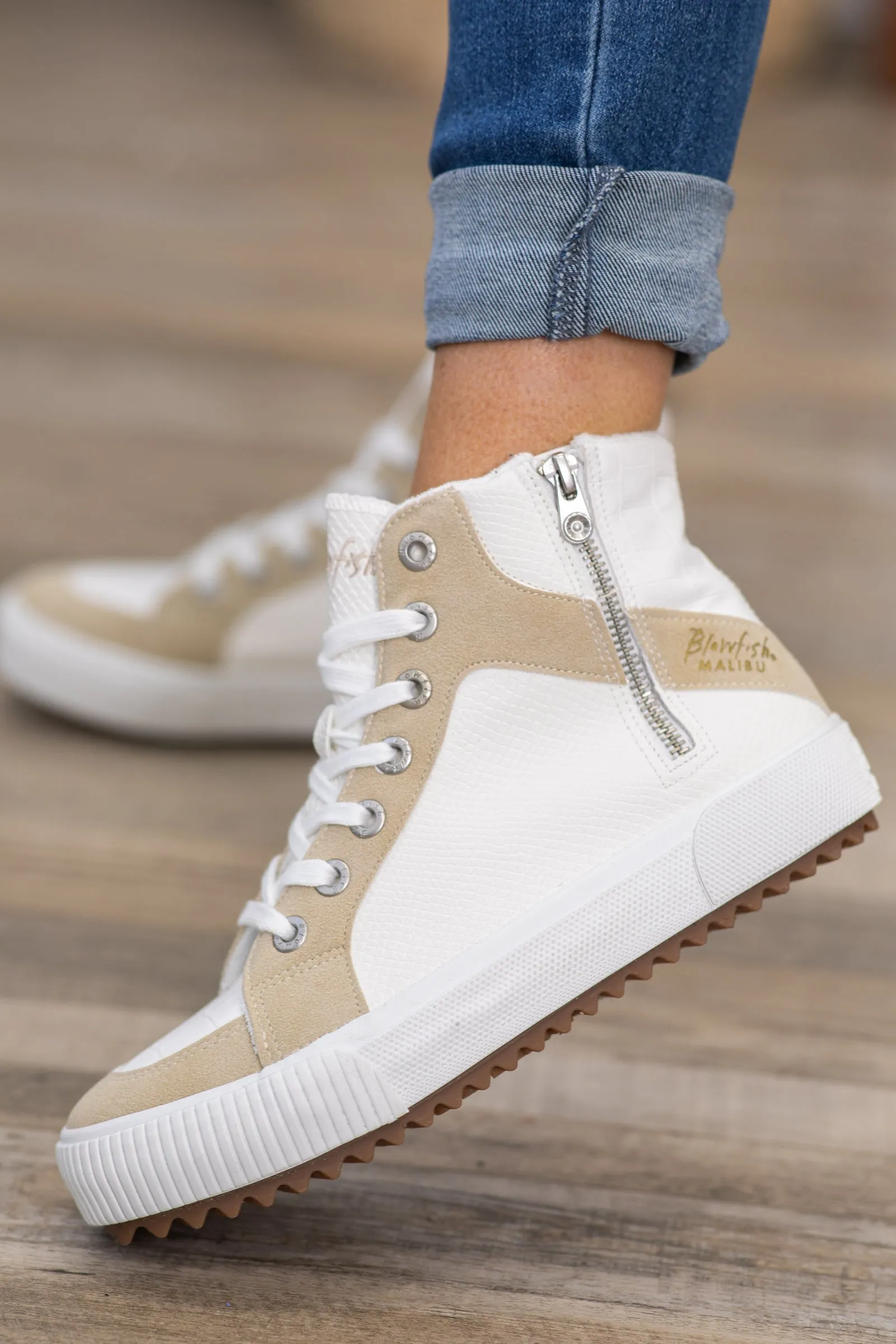 White and Tan Colorblock High Top Sneakers