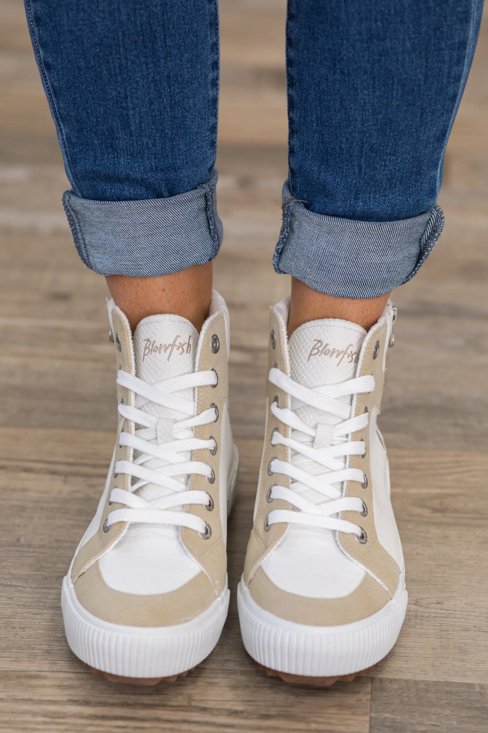 White and Tan Colorblock High Top Sneakers