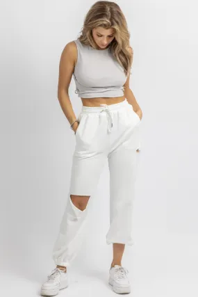 WHITE MARBLE RIPPED DRAWSTRING JOGGER