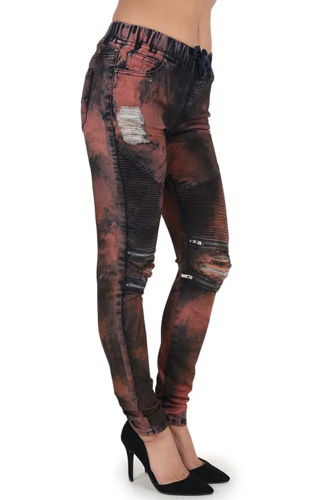 Women's Color Bleached Ripped Zipped Biker Joggers