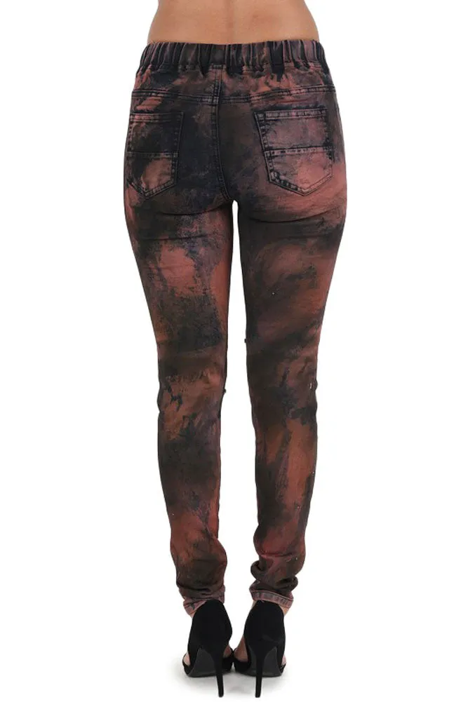 Women's Color Bleached Ripped Zipped Biker Joggers