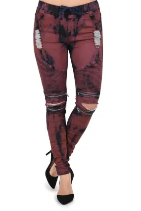 Women's Color Bleached Ripped Zipped Biker Joggers