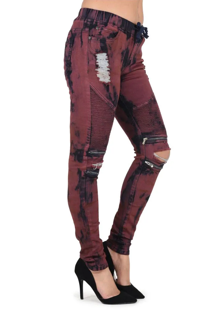 Women's Color Bleached Ripped Zipped Biker Joggers