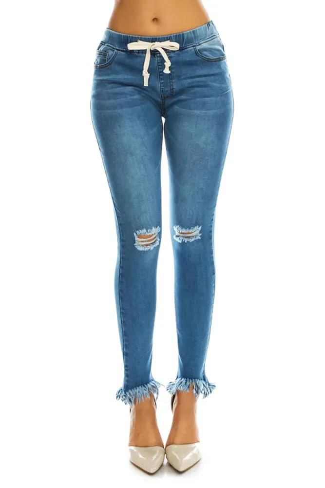 Women's Distressed Knee and Frayed Hem Denim Joggers