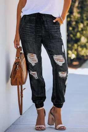 Womens Pocketed Distressed Denim Joggers Boyfriend Pants