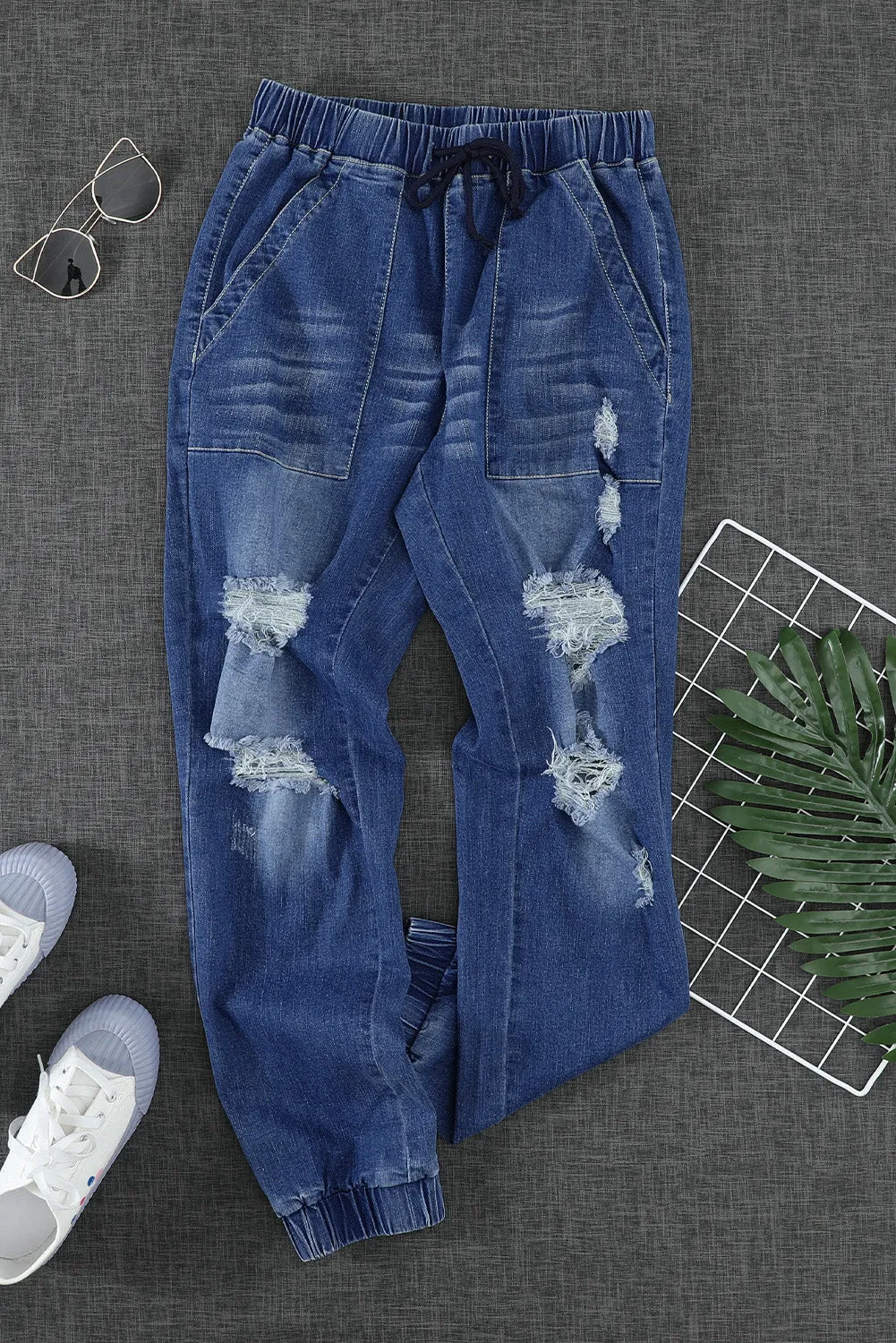 Womens Pocketed Distressed Denim Joggers Boyfriend Pants